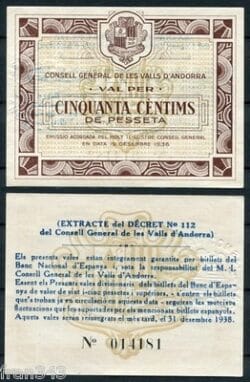 ANDORRA 50 Centimos de peseta 1936  Pick 5  SC