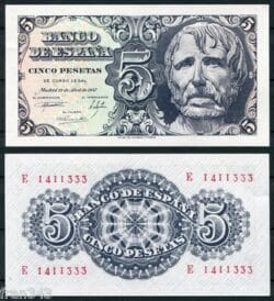 SPAIN  5 Pesetas 1947 SENECA  Pick 134  SC / UNC