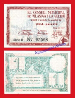 Billete local VILANOVA I LA GELTRU 1 Peseta 1937 Serie B  SC / UNC