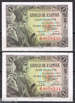 PAREJA DE BILLETES 1 PESETA 1943 FERNANDO EL CATÓLICO Serie G Pick 126  SC  UNC