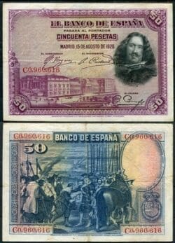 50 Pesetas 1928 VELAZQUEZ  MBC - SPAIN Pick 75b VF