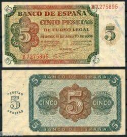 ESPAÑA 5 Pesetas Emisión Burgos 1938  SC-