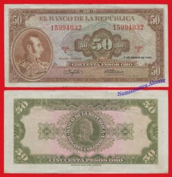 COLOMBIA 50 Pesos oro 1960 Pick 402a MBC- / F-VF