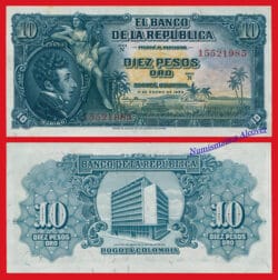 COLOMBIA 10 Pesos oro 1953 Pick 400 SC- /  aUNC STAINED