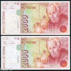 Pareja 2000 pesetas 1992  Sin serie Números Bajos SC / Pair Low serial