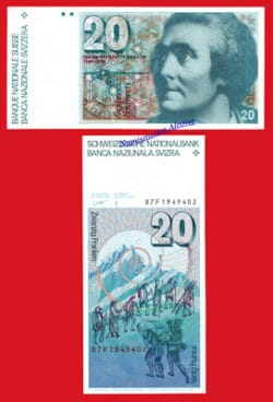 SUIZA 20 Francos 1987 Schaller & Meyer Pick 55g  SC