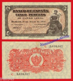 ESPAÑA SPAIN 5 pesetas 1937 Burgos Pick 106 EBC+ /  XF
