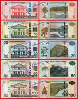 SURINAM SURINAME SET 5 10 20 50 & 100 Dolares dollars 2012 Pick 162b/166b SC UNC
