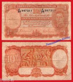 COMMONWEALTH OF AUSTRALIA 10 shillings 1939 PICK 25a BC-  /   VG