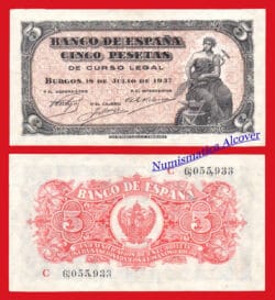 ESPAÑA SPAIN 5 Pesetas 1937 Portabella Pick 106 SC- / aUNC