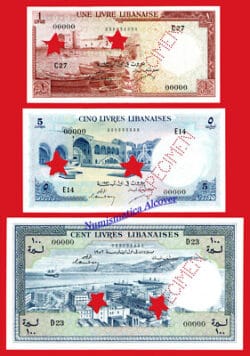 LÍBANO 1 5 & 100 Libras 1952 SPECIMEN Pick 55s 56s 60s SC-