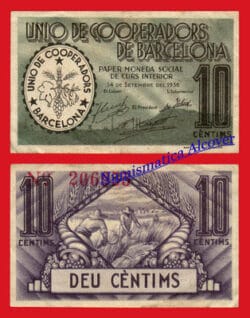 COOPERATIVA UNIO DE COOPERADORS BARCELONA 10 Centimos 1936 MBC+ / VF+