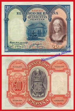 ESPAÑA  SPAIN 500 Pesetas 1927 Nº 0.525.455 Pick 73a  EBC / XF