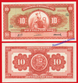 PERÚ 10 Soles de oro 1968 Número bajo 000360 Pick 84a  SC