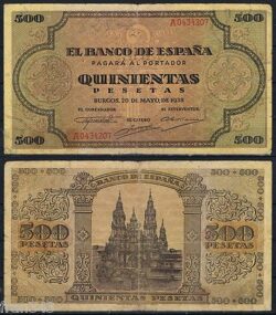 500 PESETAS 1938 BURGOS Serie A 0434207  P.114a  MBC-  /  VF-