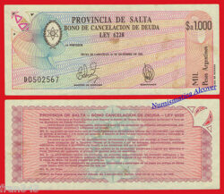 ARGENTINA PROVINCIA DE SALTA 1000 Pesos 1985 Pick S2604  EBC /  XF