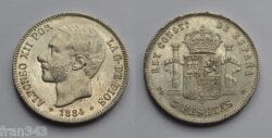 ALFONSO XII 5 Pesetas 1884 MS-M    EBC /   SPAIN  km#688 XF