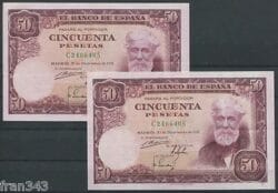 Pareja 50 Pesetas año 1951 Santiago Rusiñol  EBC  SPAIN Pick 141 XF