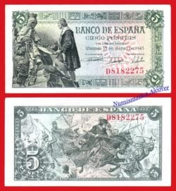 ESPAÑA 5 Pesetas 1945 Capitulaciones Sta Fe Pick 129  SC- / aUNC