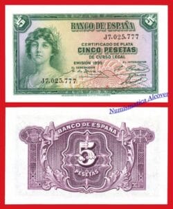 ESPAÑA 5 Pesetas 1935 Certificado de plata Serie J Pick 85  SC / UNC