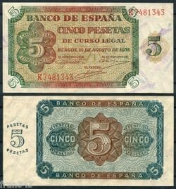 5 pesetas 1938  Emisión de Burgos  SC  /  Spain  Pick 110 a  UNC