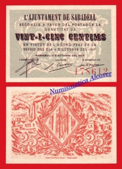Ayuntamiento SABADELL  25  Céntimos de peseta 1937 - SC / SPAIN CIVL WAR UNC