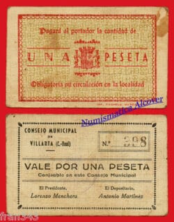 RARO Billete local VILLARTA Ciudad Real 1 Peseta 1937 BC / F