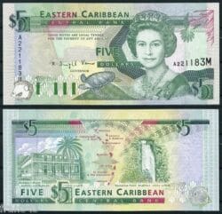 MONTSERRAT  EAST CARIBBEAN CARIBE 5 Dollars dolares 1993  Pick 26M  SC / UNC