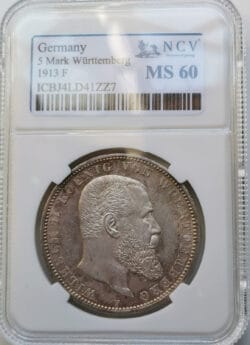 ALEMANIA GERMANY Wurttemberg 5 Mark marcos 1913 F MS60