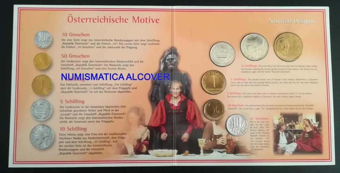 AUSTRIA cartera monedas pre-euro 10 50 groschen, 1 5 10 20 shilling 1999 UNC - Imagen 2