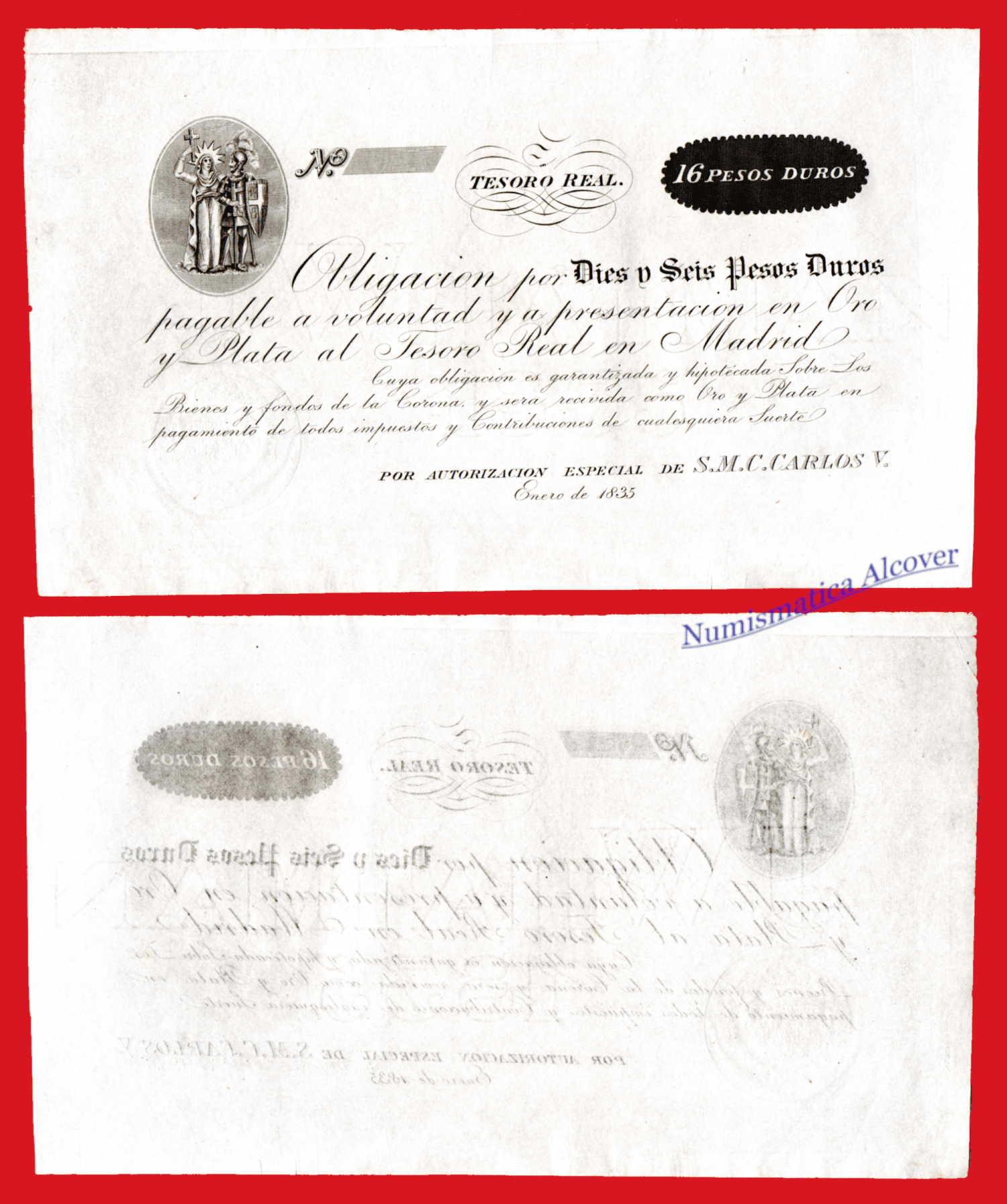 CARLOS IV Pretendiente Tesoro Real 16 pesos duros 1835 SC-