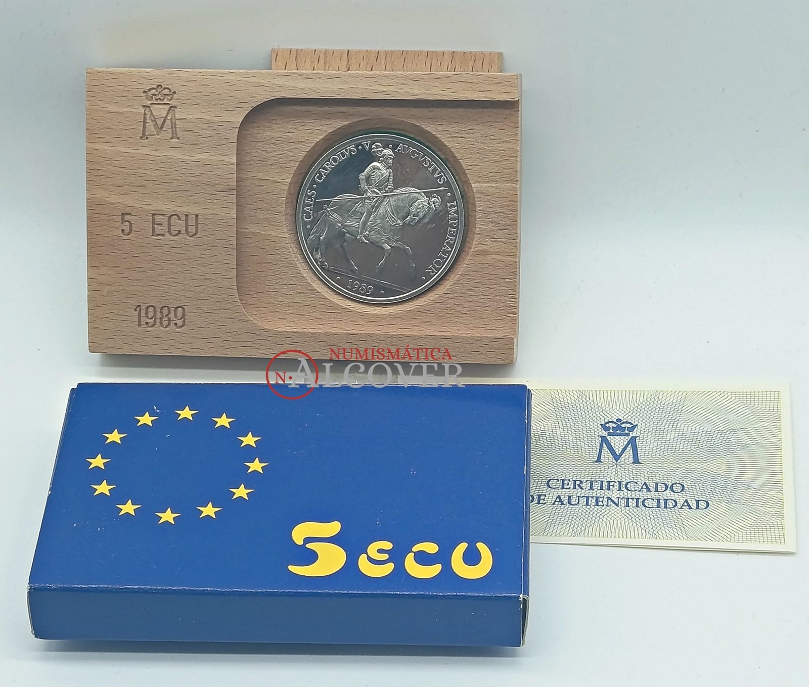 ESPAÑA 5 Ecus 1989 Carlos V HG#605 Plata SC
