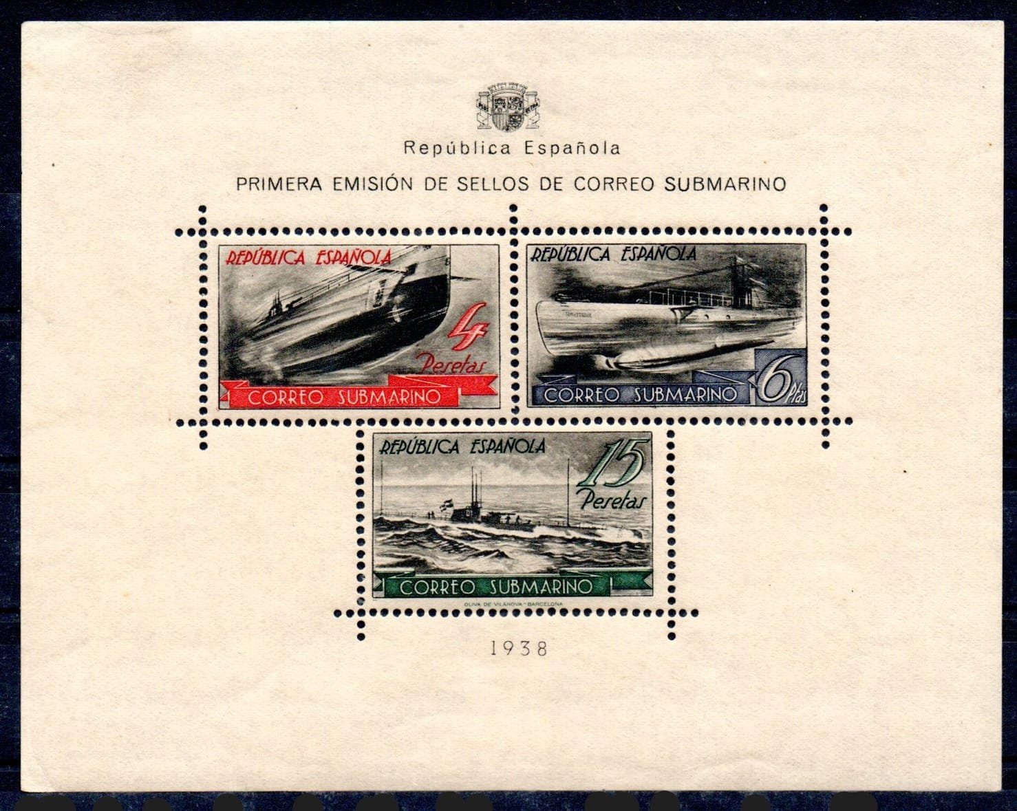 ESPAÑA 1938 Primera emisión de Correo Submarino hoja bloque Edifil 781 nueva con charnela