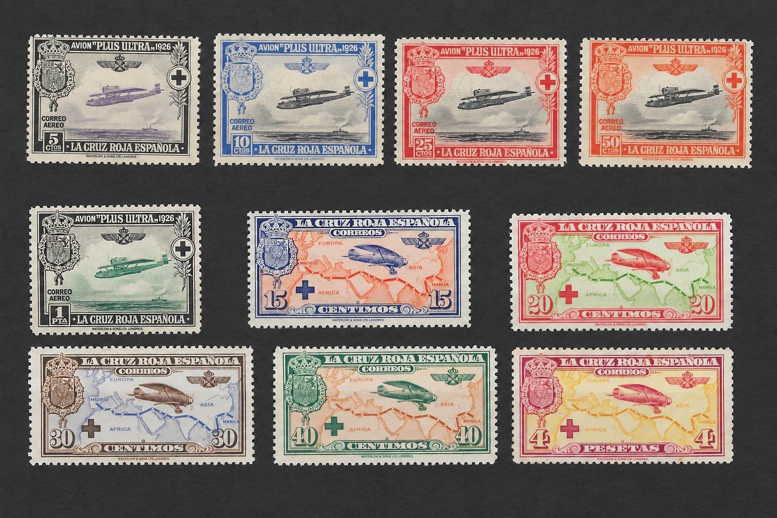 ESPAÑA Ed. 339/348 ** Cruz Roja Española Correo aéreo Plus Ultra 1926 Serie completa nueva sin charnela