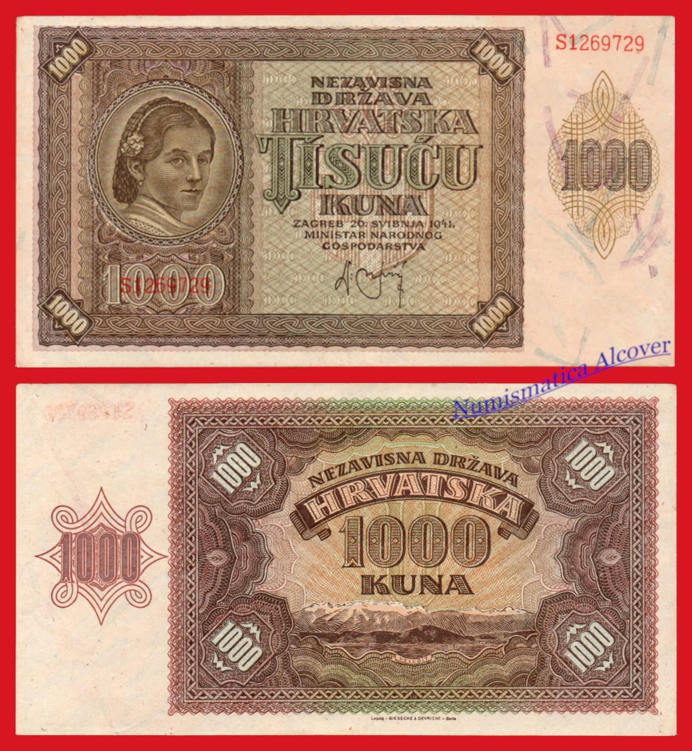 CROACIA 1000 Kunas 1941 Pick 4 SC-