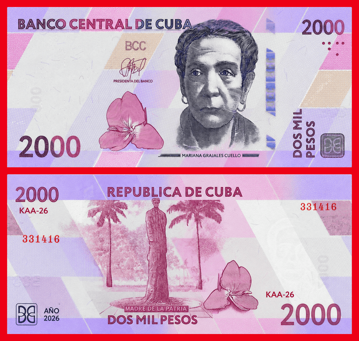 CUBA 2000 Pesos 2026 Mariana Grajales Cuello Pick Nuevo SC