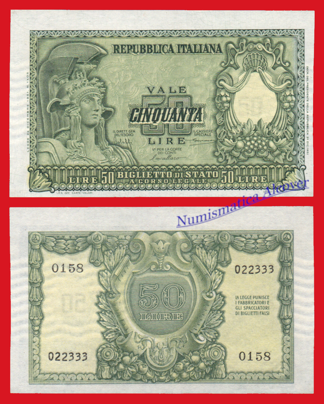 ITALIA 50 Liras 1951 Atenea Pick 91a SC